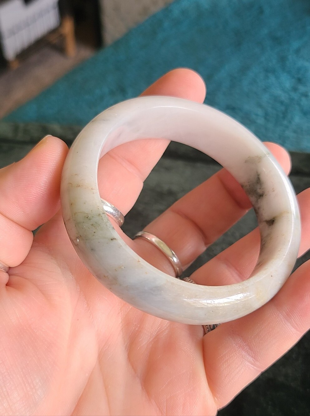 Polished White and Green Jadeite Round Bangle Bracelet